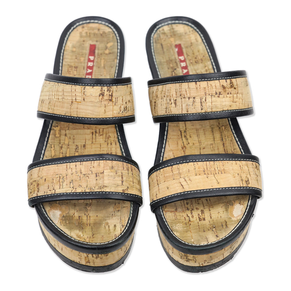 Prada Cork Platform Wedge Mule Sandals