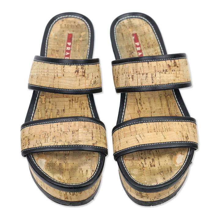 Prada Cork Platform Wedge Mule Sandals