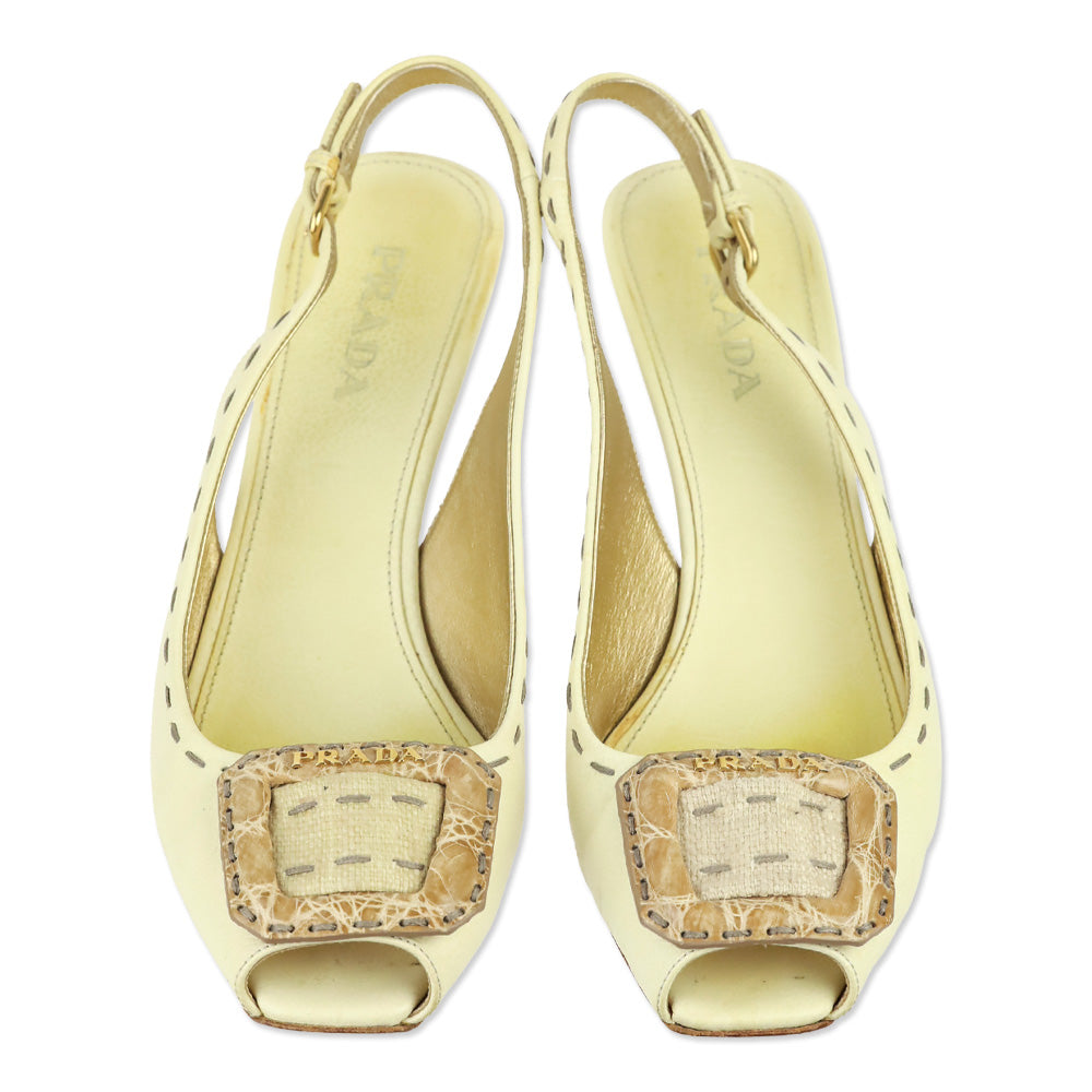 Prada Cream Leather Croc Buckle Peep Slingback Pump