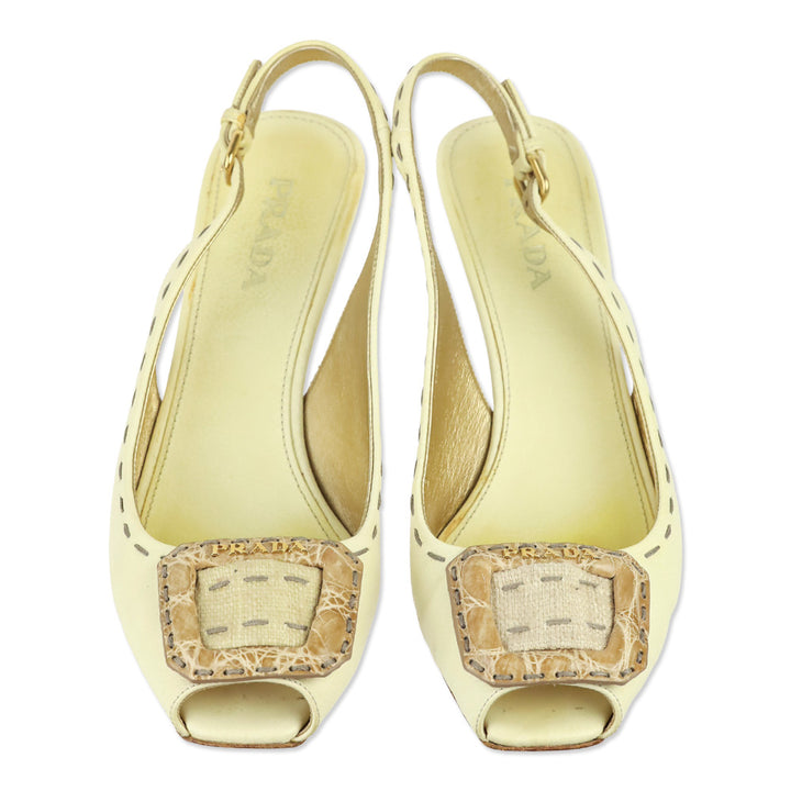 Prada Cream Leather Croc Buckle Peep Slingback Pump