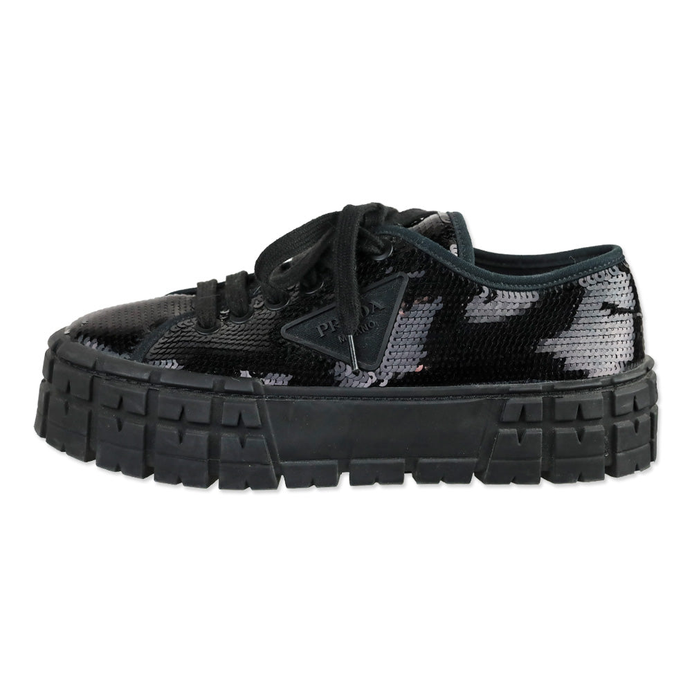 Prada Double Wheel Black Sequin Low Top Sneakers
