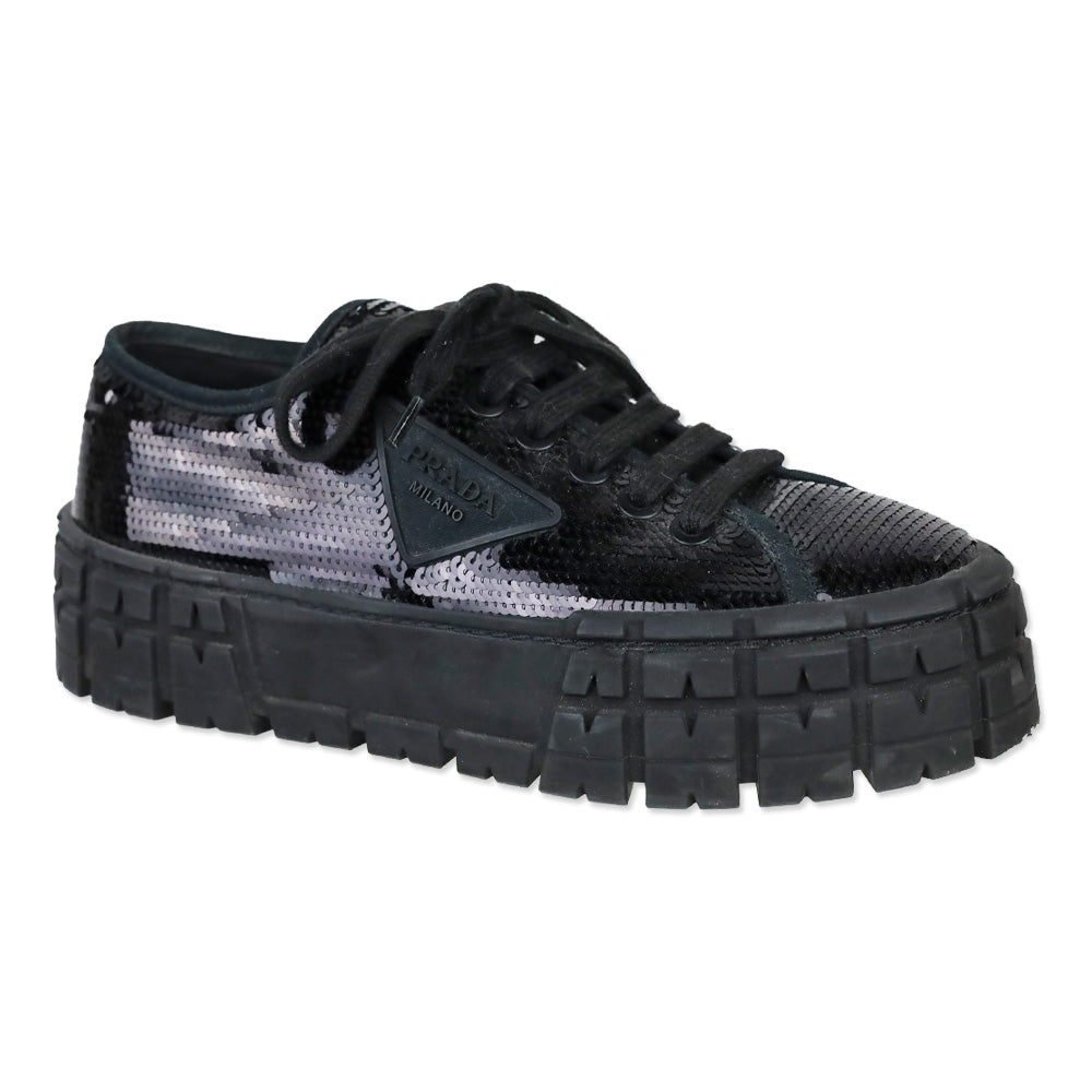 Prada Double Wheel Black Sequin Low Top Sneakers