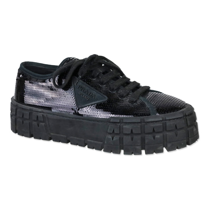 Prada Double Wheel Black Sequin Low Top Sneakers