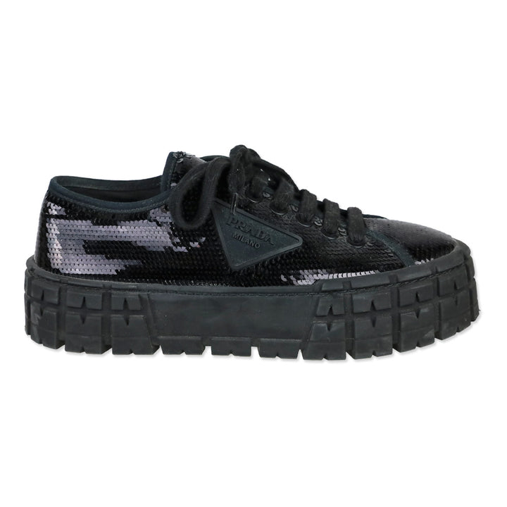 Prada Double Wheel Black Sequin Low Top Sneakers
