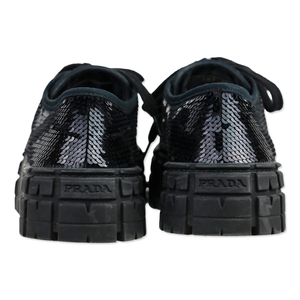 Prada Double Wheel Black Sequin Low Top Sneakers