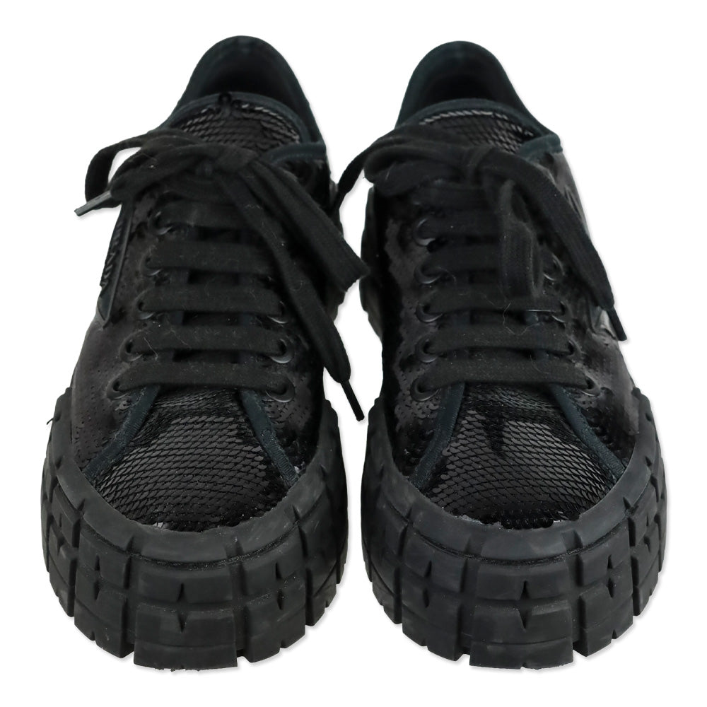 Prada Double Wheel Black Sequin Low Top Sneakers
