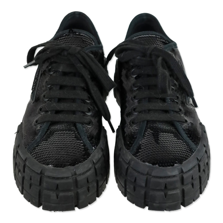 Prada Double Wheel Black Sequin Low Top Sneakers