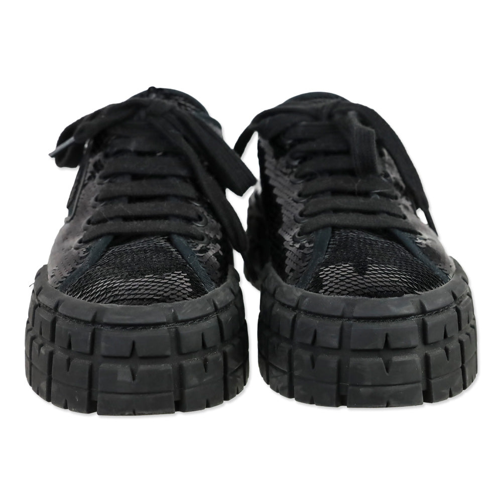 Prada Double Wheel Black Sequin Low Top Sneakers