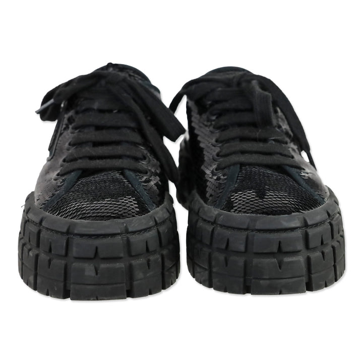 Prada Double Wheel Black Sequin Low Top Sneakers