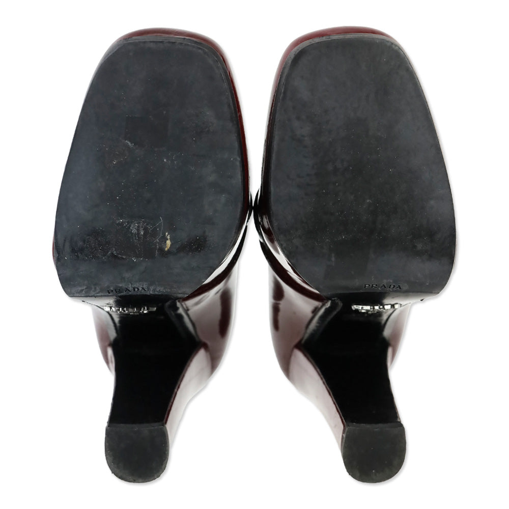 Prada Fall 2010 Oxblood/Black Patent Leather Square Toe Silver Penny Loafer Pumps