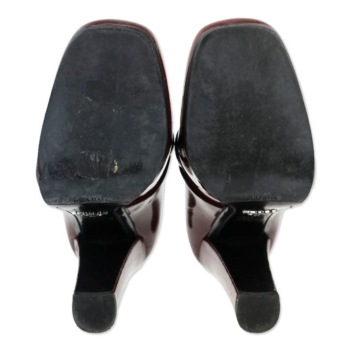 Prada Fall 2010 Oxblood/Black Patent Leather Square Toe Silver Penny Loafer Pumps