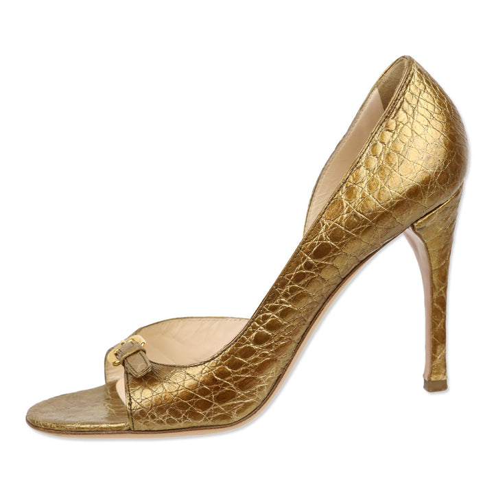 Prada Gold Croc Embossed Leather D'Orsay Open Toe Pumps
