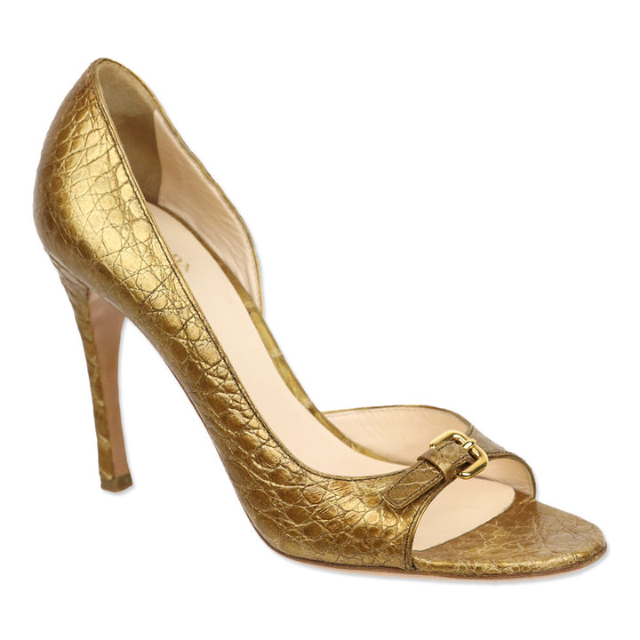 Prada Gold Croc Embossed Leather D'Orsay Open Toe Pumps