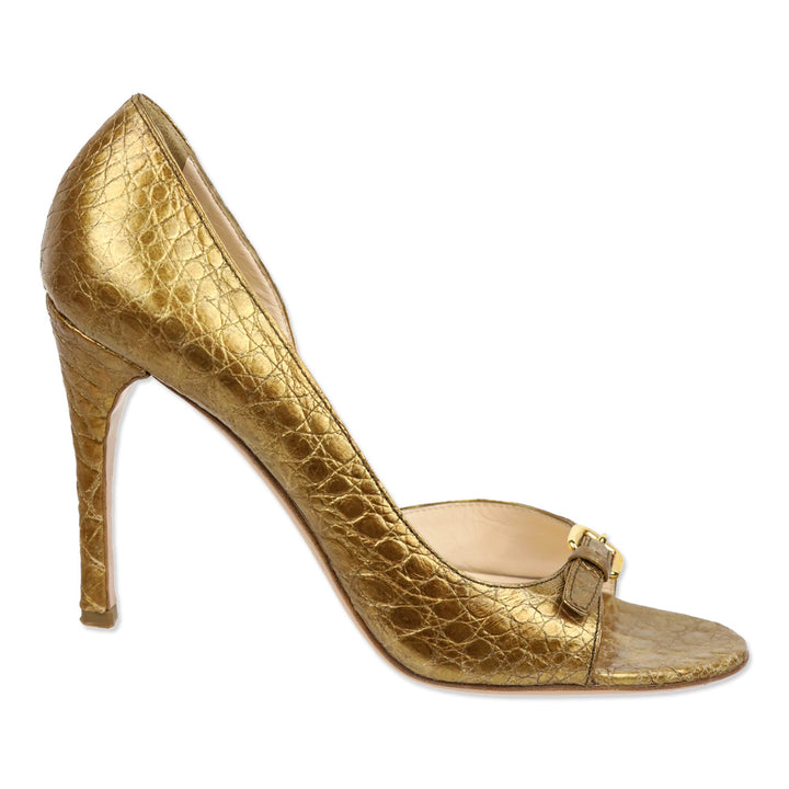 Prada Gold Croc Embossed Leather D'Orsay Open Toe Pumps