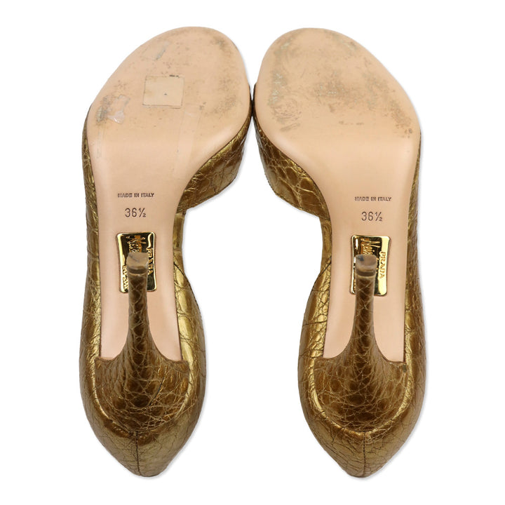 Prada Gold Croc Embossed Leather D'Orsay Open Toe Pumps