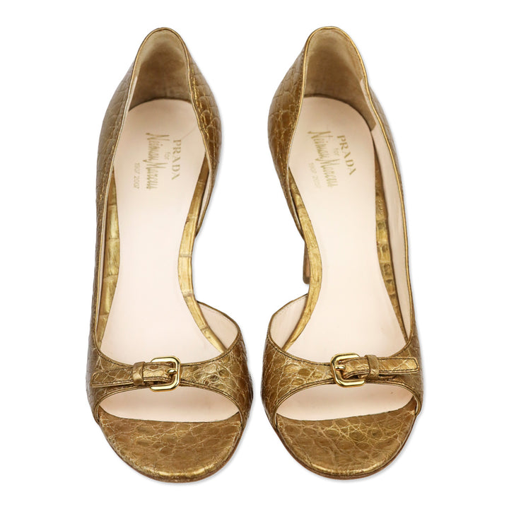 Prada Gold Croc Embossed Leather D'Orsay Open Toe Pumps