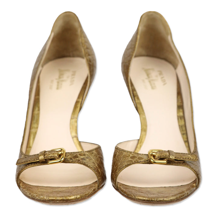 Prada Gold Croc Embossed Leather D'Orsay Open Toe Pumps