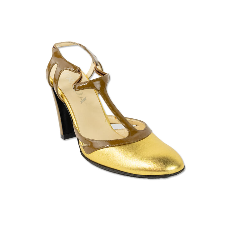 Prada Gold T- Strap Round Toe Heels