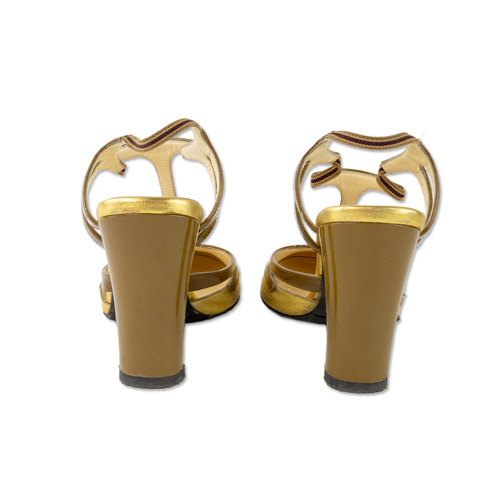 Prada Gold T- Strap Round Toe Heels