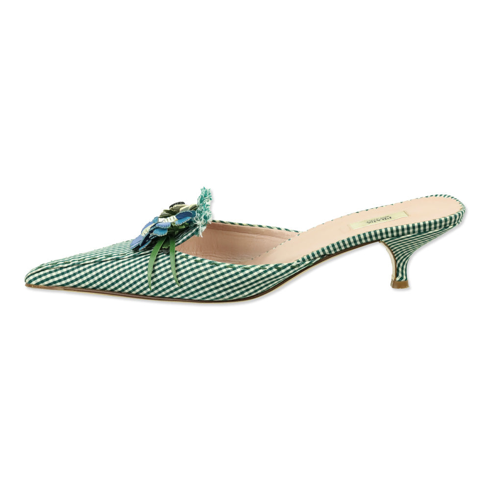 Prada Green Gingham Floral Appliqué Pointed Toe Mule Kitten Heels