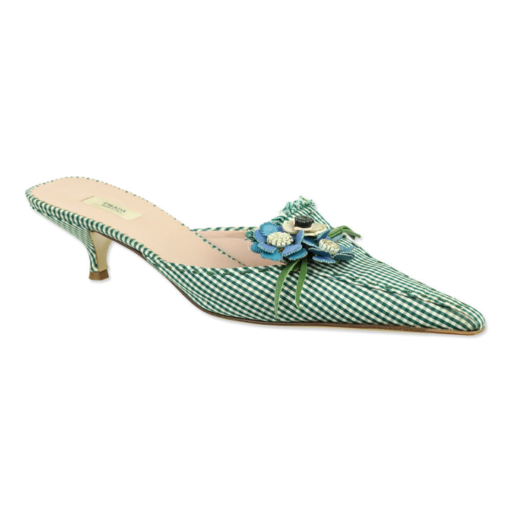 Prada Green Gingham Floral Appliqué Pointed Toe Mule Kitten Heels