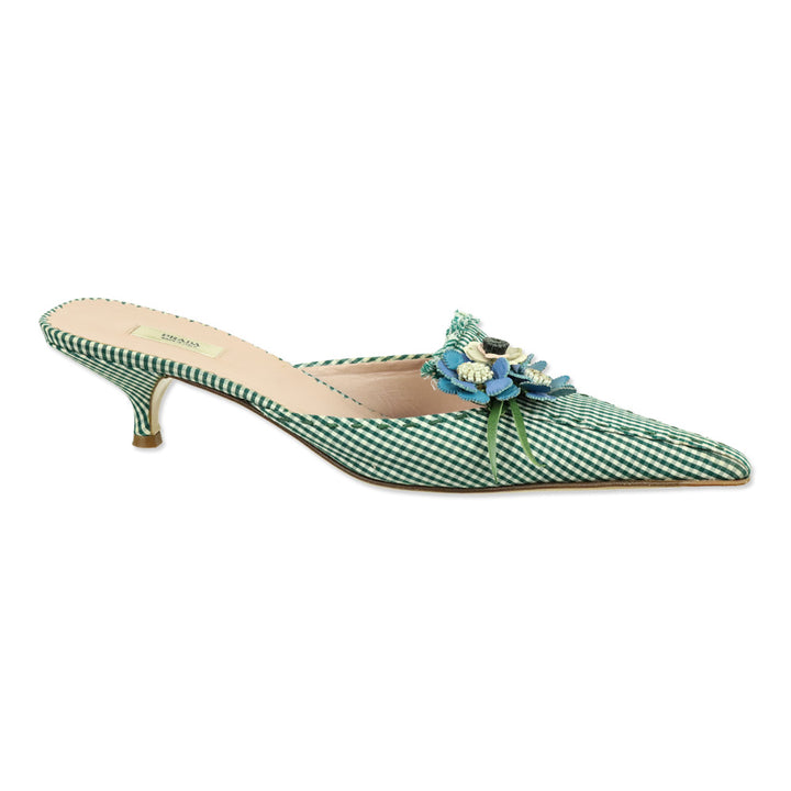 Prada Green Gingham Floral Appliqué Pointed Toe Mule Kitten Heels
