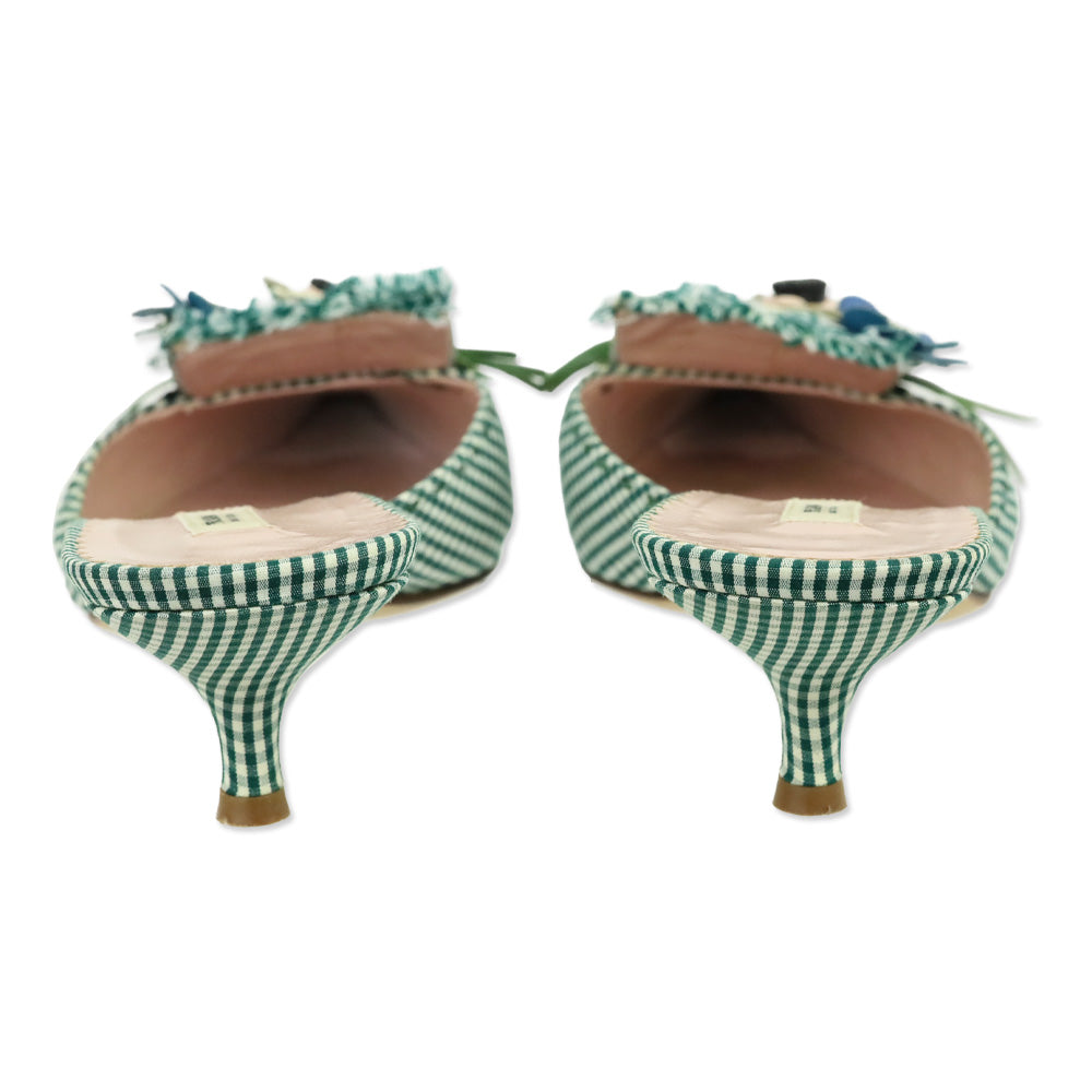 Prada Green Gingham Floral Appliqué Pointed Toe Mule Kitten Heels