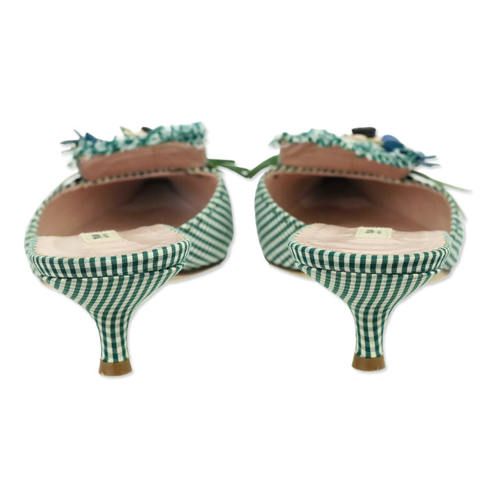 Prada Green Gingham Floral Appliqué Pointed Toe Mule Kitten Heels