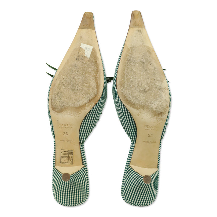 Prada Green Gingham Floral Appliqué Pointed Toe Mule Kitten Heels