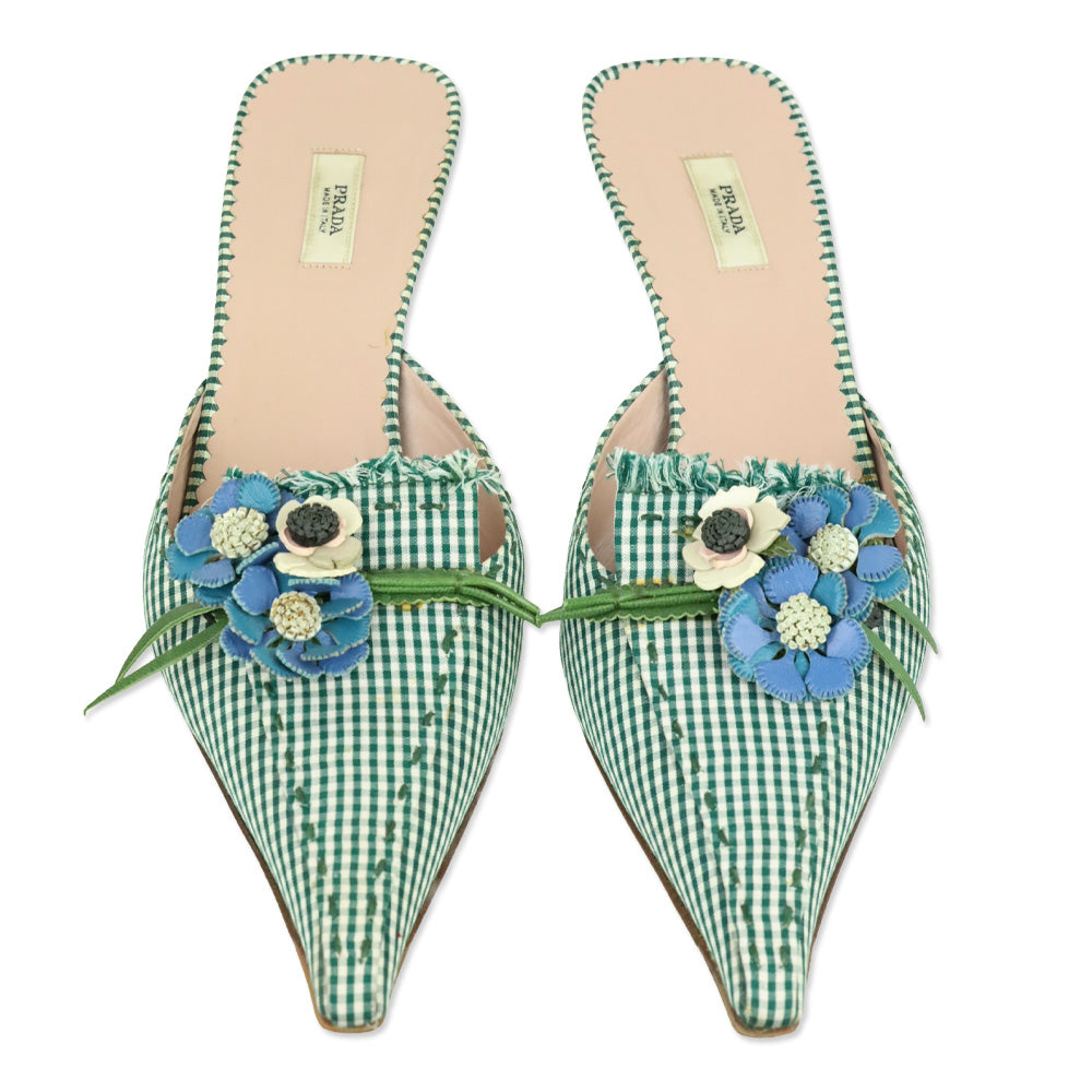 Prada Green Gingham Floral Appliqué Pointed Toe Mule Kitten Heels