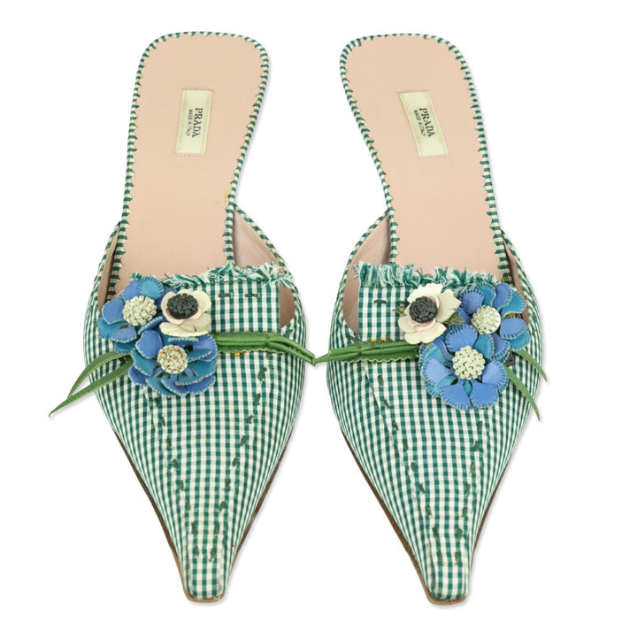 Prada Green Gingham Floral Appliqué Pointed Toe Mule Kitten Heels