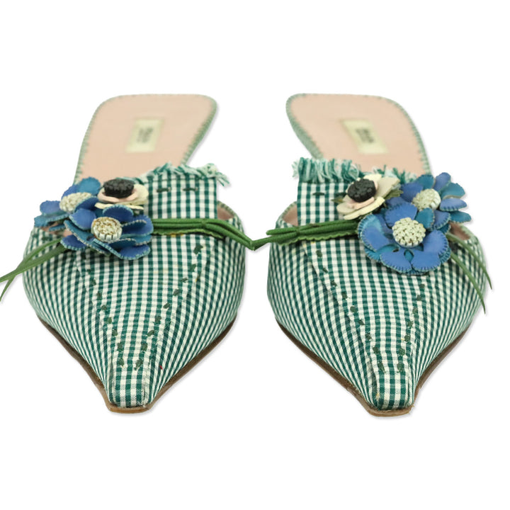 Prada Green Gingham Floral Appliqué Pointed Toe Mule Kitten Heels