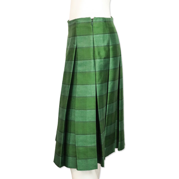 Prada Green Horizontal Striped Wool Silk Pleated Midi Skirt
