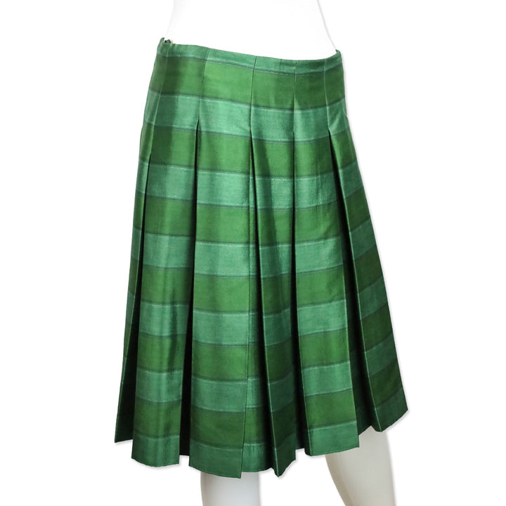 Prada Green Horizontal Striped Wool Silk Pleated Midi Skirt