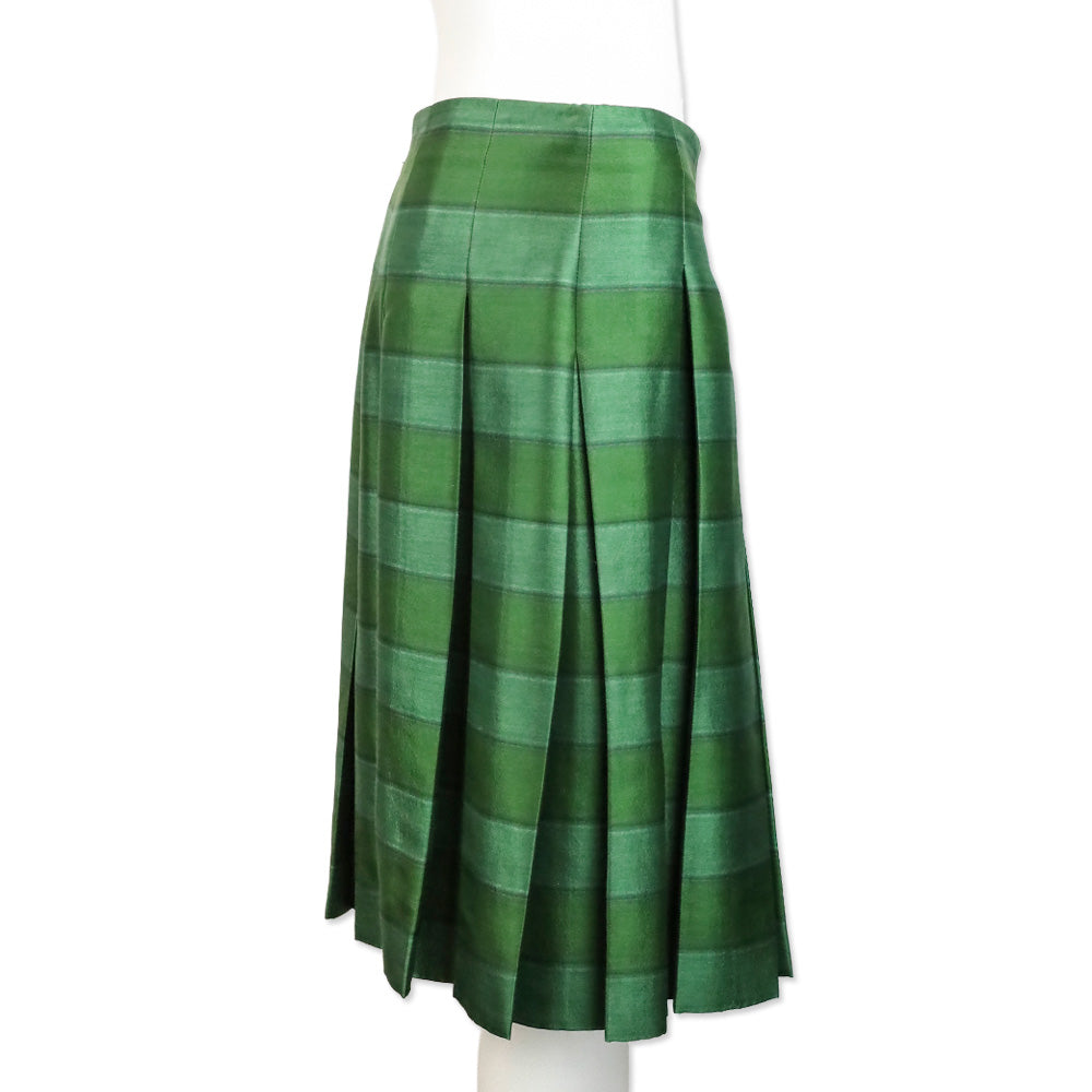 Prada Green Horizontal Striped Wool Silk Pleated Midi Skirt