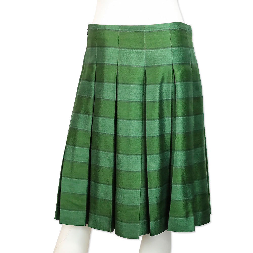 Prada Green Horizontal Striped Wool Silk Pleated Midi Skirt