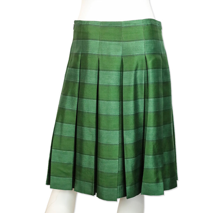 Prada Green Horizontal Striped Wool Silk Pleated Midi Skirt