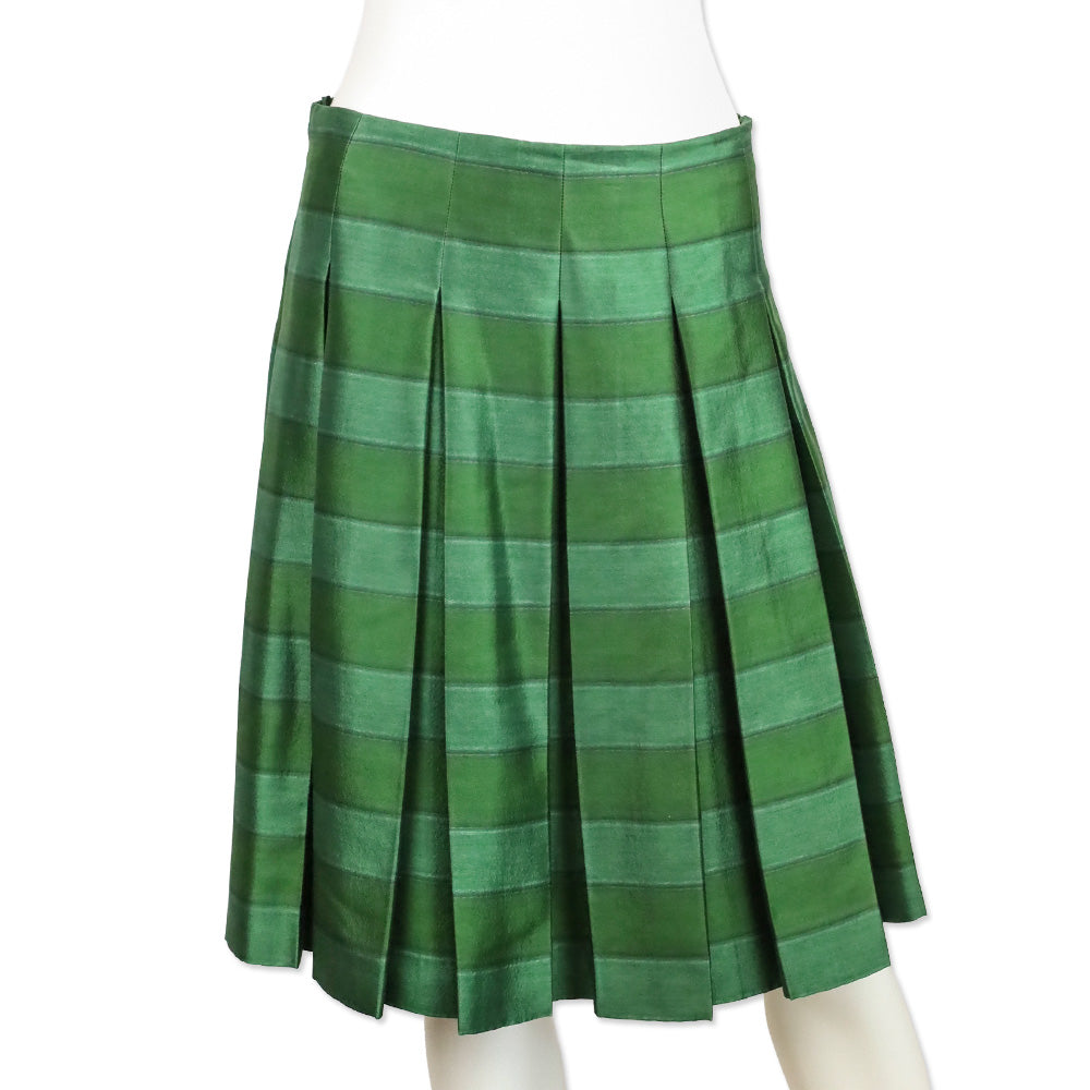 Prada Green Horizontal Striped Wool Silk Pleated Midi Skirt