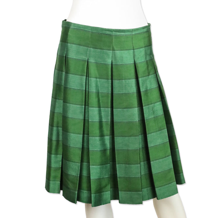 Prada Green Horizontal Striped Wool Silk Pleated Midi Skirt