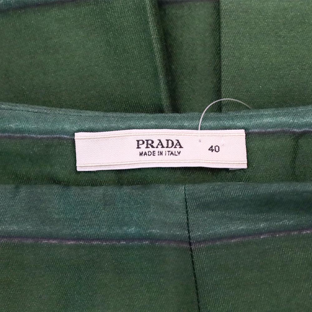 Prada Green Horizontal Striped Wool Silk Pleated Midi Skirt