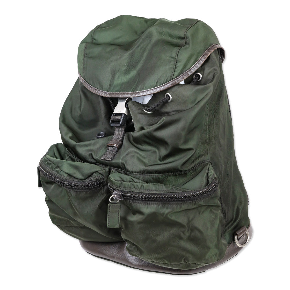 Prada Green Nylon Double Pocket Drawstring Backpack