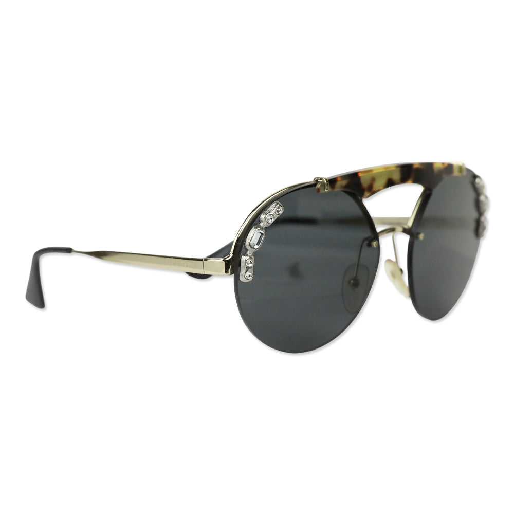 Prada Jewel Stud Tortoiseshell Gold Round Double-Bridge Sunglasses