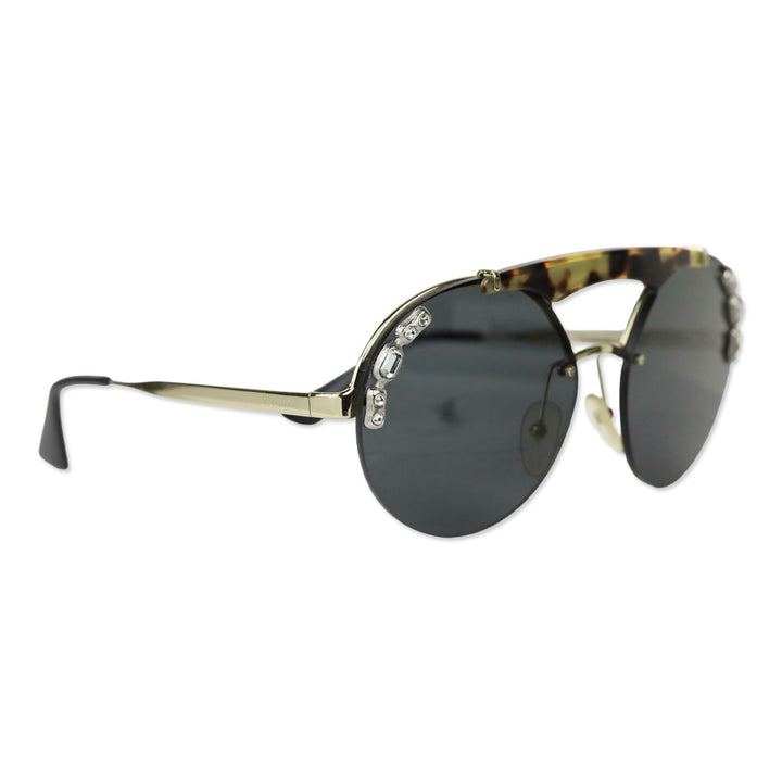 Prada Jewel Stud Tortoiseshell Gold Round Double-Bridge Sunglasses