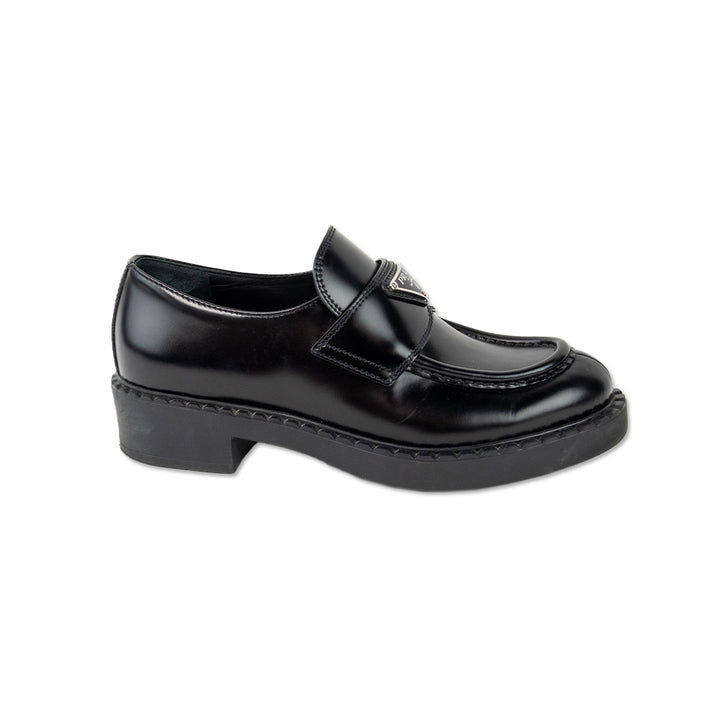 Prada Black Leather Lug Sole Logo Loafers