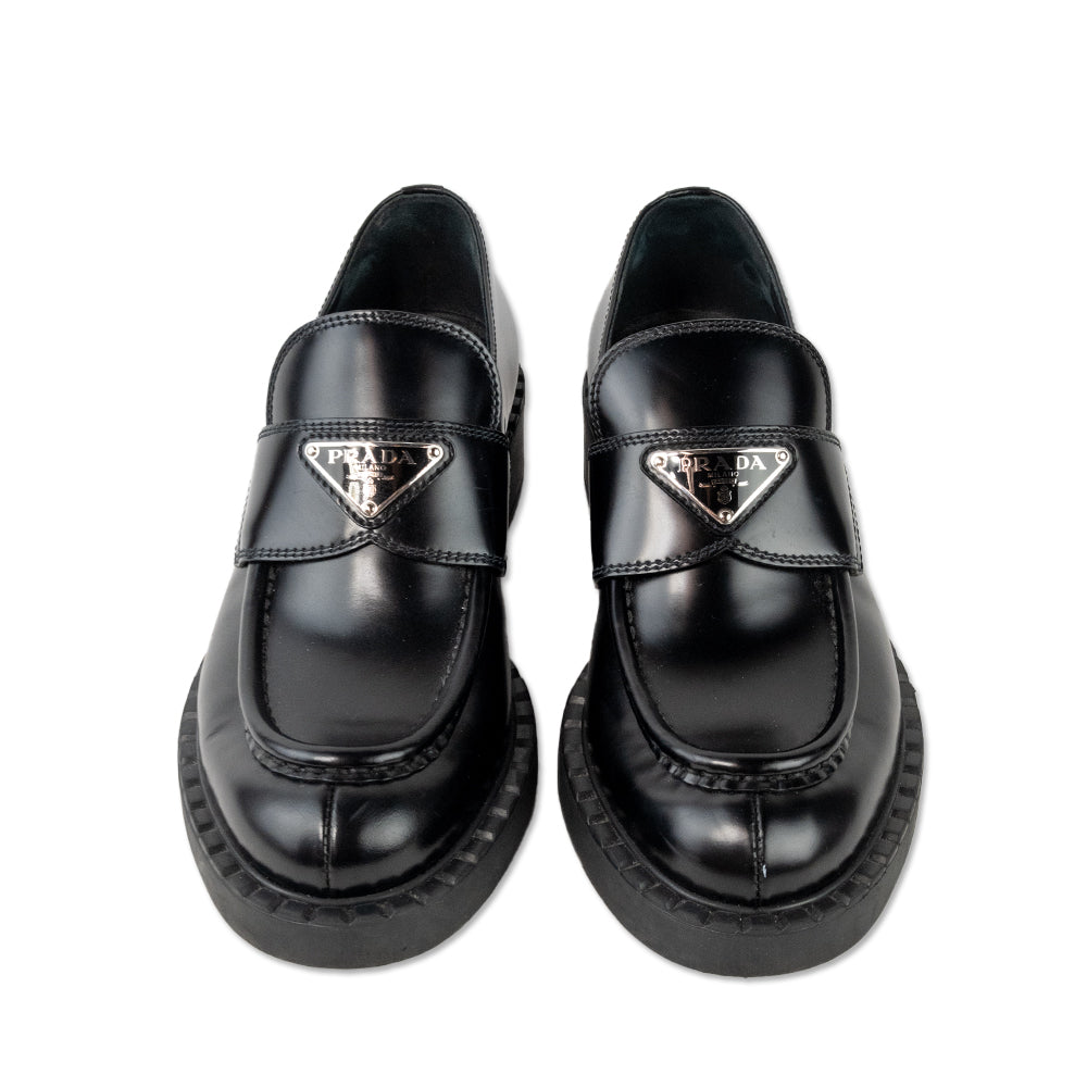 Prada Black Leather Lug Sole Logo Loafers