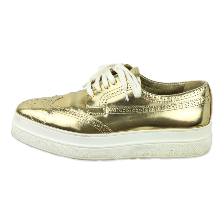 Prada Metallic Gold Brogue Wingtip Platform Sneakers