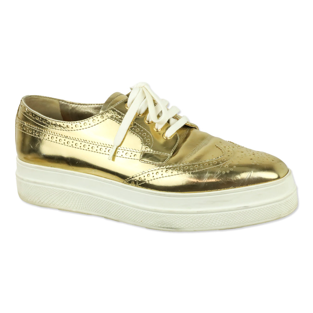 Prada Metallic Gold Brogue Wingtip Platform Sneakers
