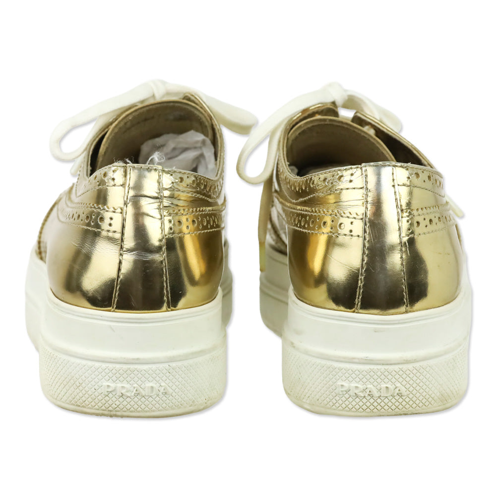 Prada Metallic Gold Brogue Wingtip Platform Sneakers