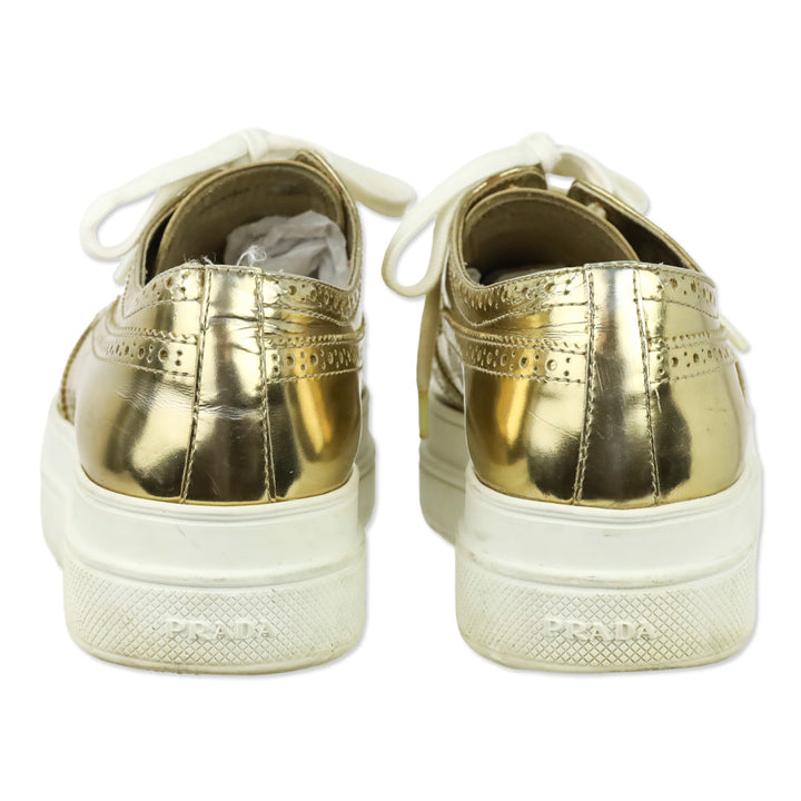 Prada Metallic Gold Brogue Wingtip Platform Sneakers
