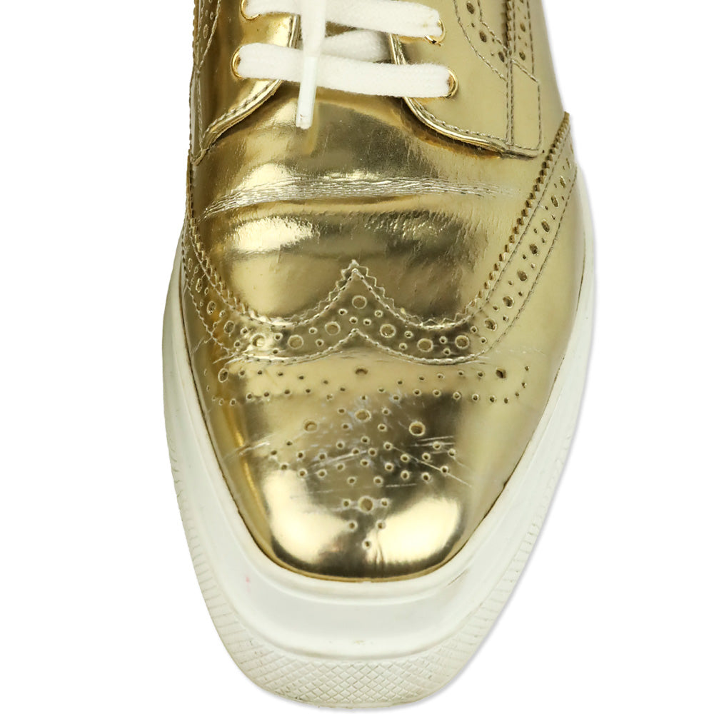 Prada Metallic Gold Brogue Wingtip Platform Sneakers